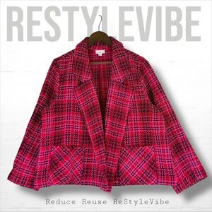 J JILL Women’s Size L Jacket Blazer Coat Plaid Cropped Oversized Chenille SOFT